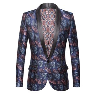Men's Jacquard Printed Blazer with 1-Button Shawl Lapel Suit Jacket