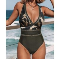 Camouflage Print V-neck Cross One Piece Swimsuit