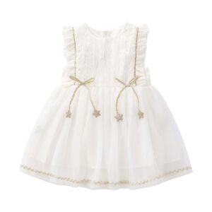 Baby Girl 1pcs Frill Trim Mesh Overlay Design Bow Tie Solid Princess Tutu Dress