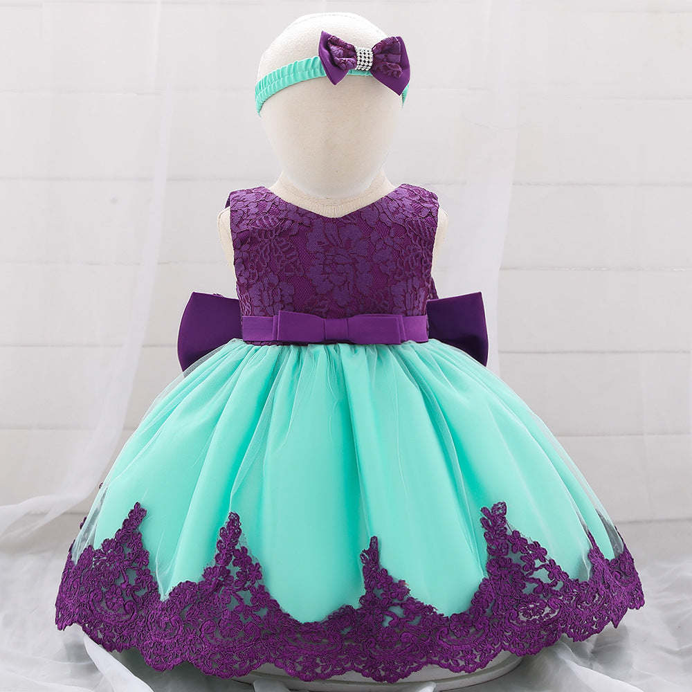 Baby Girl Floral Mesh Overlay Design Princess Full Moon Formal Dress & Headband