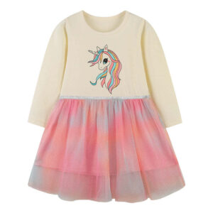 Baby Girl Unicorn Pattern Colorful Mesh Overlay Design Long Sleeve Princess Dress