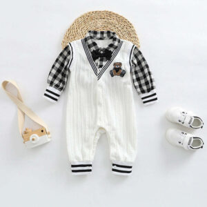 Baby Boy Plaid Patchwork Pattern Bear Embroidered Jumpsuit