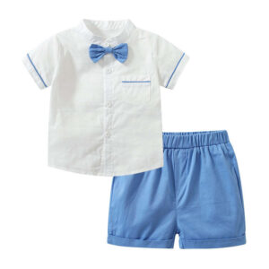 Baby Boy Solid Color Single Breasted Design Bow Tie Shirt Combo Shorts College Style Sets