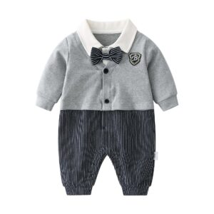 Baby Boy Badge Patched Pattern Striped Contrast Design Snap Button Front Bow Tie Rompers