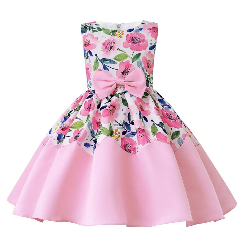 Baby Girl Flower Graphic Bow Patched Design Princess Screen Dress