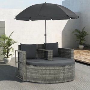 2 Seater Patio Sofa with Cushions and Parasol Gray Poly Rattan