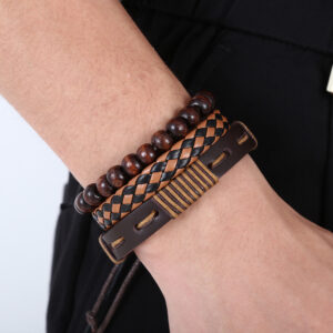Set Of 3 Brown Handmade Woven Pu Leather Bracelet For Men Multi Pack Fashion Vintage Braided Bangle As Birthday Gift